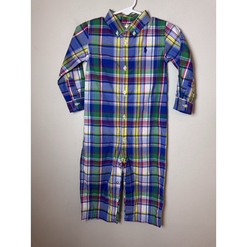 Ralph Lauren Baby Boys Classic Plaid Coverall Blue Multi 12 Months Preppy